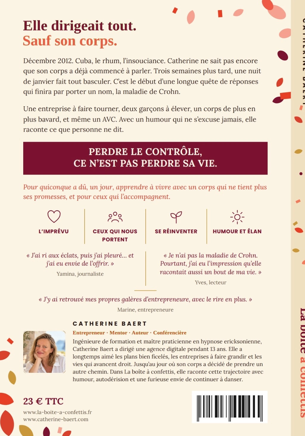 Quatrième de couverture de La boîte à confettis, avec le résumé du livre